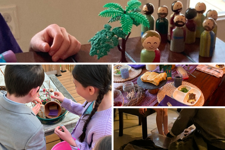 Clockwise from top: From hands-on reenactments, a Seder meal and washing feet to preparing a ‘Resurrection garden,’ the Warners make the most of these sacred days.