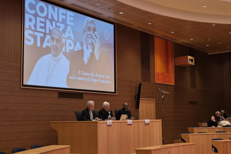 Jesuit Father Arturo Sosa, center, speaks about Pope Francis at a press conference at the Jesuit general curia in Rome on April 24, 2025.