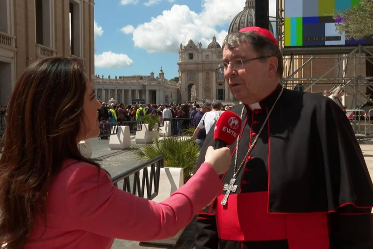 Cardinal Christophe Pierre speaks to EWTN News President and COO Montse Alvarado in Rome on Friday, April 25, 2025.