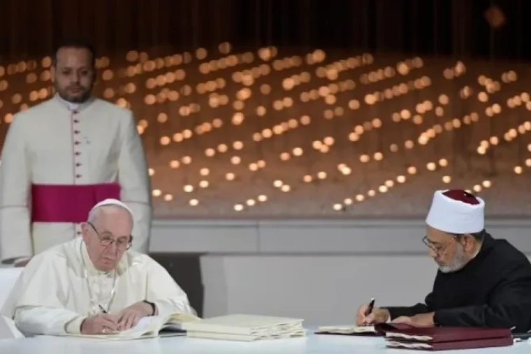 Pope Francis and Grand Imam Ahmed al-Tayeb sign the Document on Human Fraternity for World Peace and Living Together in 2019 .