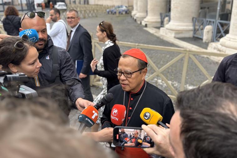 Cardinal Ignatius Suharyo Hardjoatmodjo, archbishop of Jakarta, speaks to reporters as he enters the 10th General Congregation at the Vatican, May 5, 2025.
