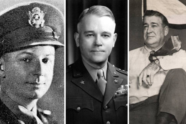 (L-R) Franciscan Father Sixtus O’Connor. Gen. Joseph Lawton Collins. Andrew Jackson Higgins.