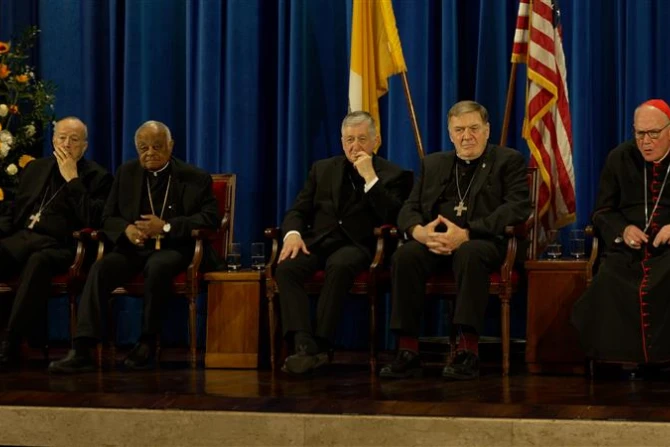 From left, Cardinals Robert McElroy, Wilton Gregory, Blase Cupich, Joseph Tobin, and Timothy Dolan give a press conference on Pope Leo XIV in the hall of the Pontifical North American College in Rome on May 9, 2025. Cardinals Christophe Pierre and Daniel DiNardo (not pictured) also participated.