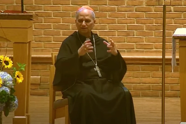 Then-Cardinal Robert Prevost speaks at St. Jude Catholic Church in New Lenox, Illinois, on Aug. 7, 2024.