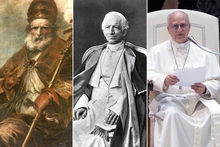 L to R: Pope Leo I, Pope Leo XIII and Pope Leo XIV