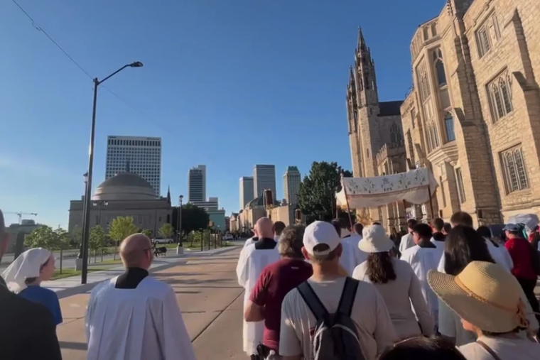 The faithful march in the Drexel Route of the National Eucharistic Pilgrimage, Tulsa, Friday, May 30, 2025.