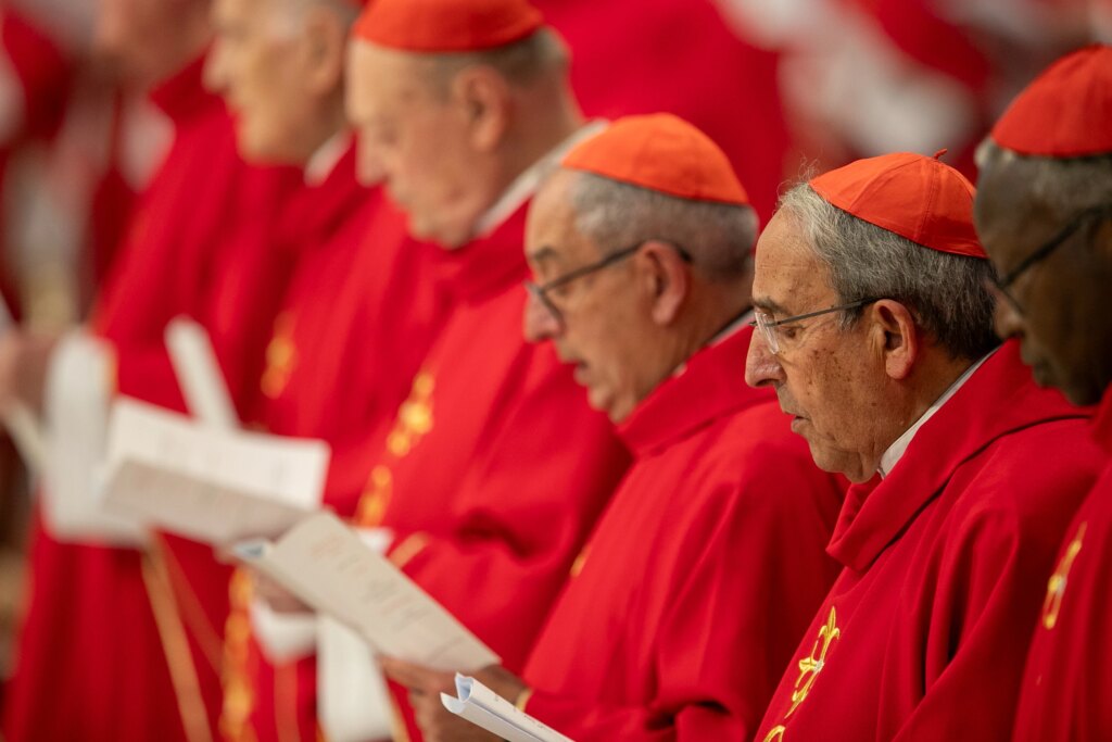 Cardinals celebrate the sixth Novendiales Mass for Pope Francis on May 1, 2025, in St. Peter’s Basilica at the Vatican. Credit: Daniel Ibañez/CNA