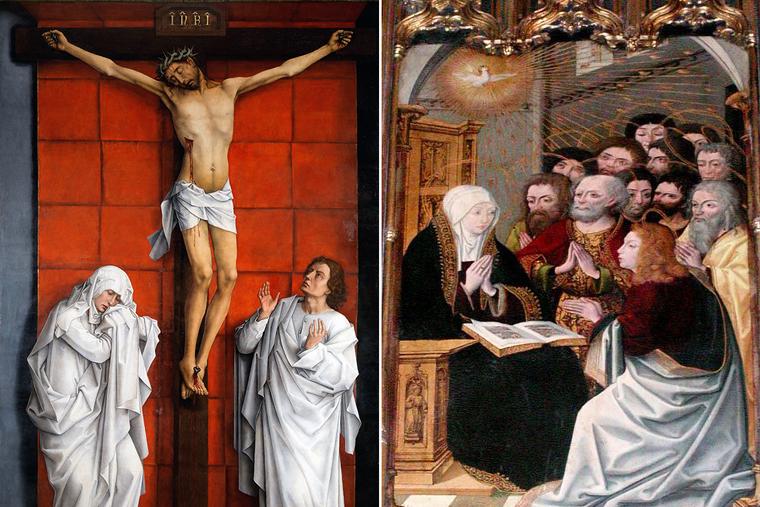 Rogier van der Weyden, “Christ on the Cross With Mary and John,” ca. 1457-1464, El Escorial, Madrid; “Altarpiece of Caparroso,” 1507, Cathedral of St. Mary, Pamplona, Spain.