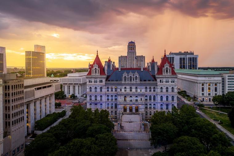 Storm clouds gather over the New York State Capitol in Albany