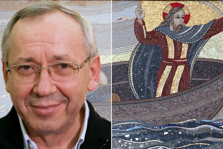 Father Marko Rupnik is seen with a mosaic from Krakow, Poland.