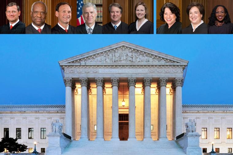 The U.S. Supreme Court building appears beneath portraits of the nine justices. In the Skrmetti majority (L to R): Chief Justice John Roberts, Justices Clarence Thomas, Samuel Alito, Neil Gorsuch, Brett Kavanaugh and Amy Coney Barrett. In the minority: Justices Sonia Sotomayor, Elena Kagan and Ketanji Brown Jackson.