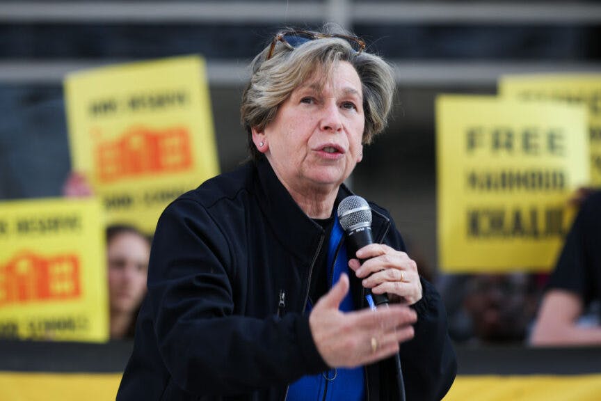 WASHINGTON, DC - MARCH 13: President of the American Federation of Teachers, Randi Weingarten speaks during a rally in front of the Department of Education to protest budget cuts on March 13, 2025 in Washington, DC. On Monday, the House passed a continuing resolution that would cut over $1 billion from D.C.'s budget, potentially leading to layoffs and reduced public safety, school, and transportation services. (Photo by Kayla Bartkowski/Getty Images)