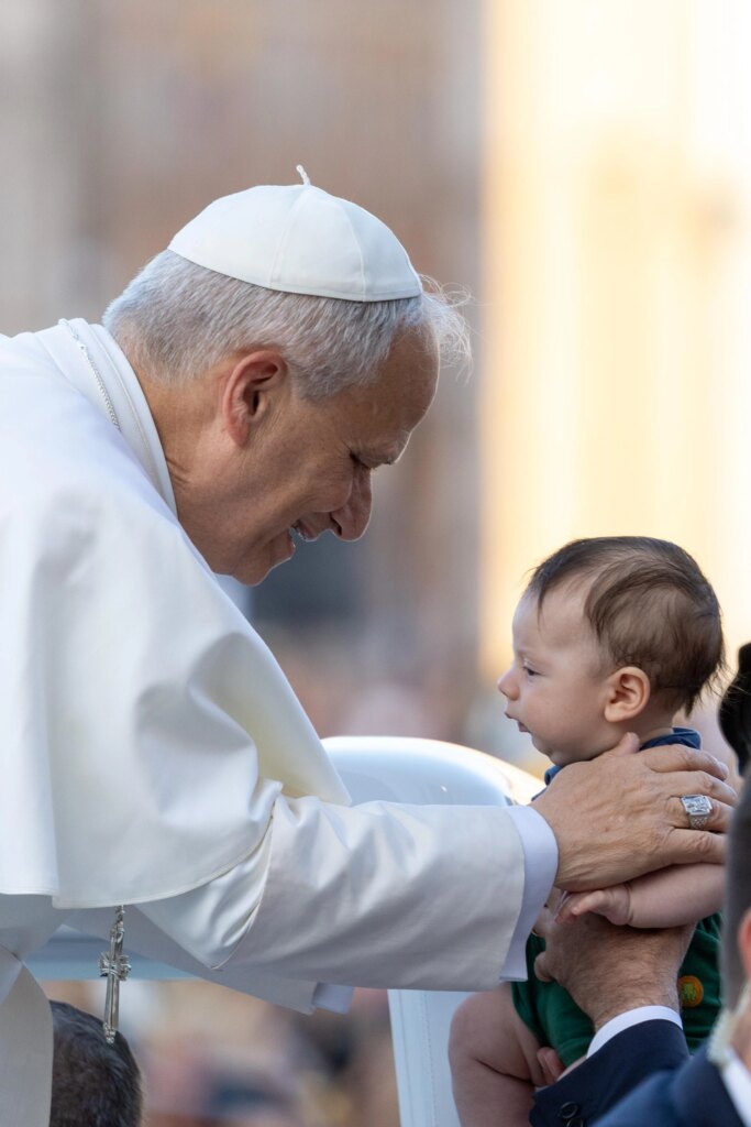 Pope Leo XIV greets a young attendee at a Pentecost prayer vigil in St. Peter's Square, Saturday, June 7, 2025. Credit: Daniel Ibáñez/CNA