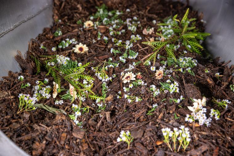 A view inside a human composting vessel and the materials used during the process at Earth Funeral on December 07, 2023 in Auburn, Washington.