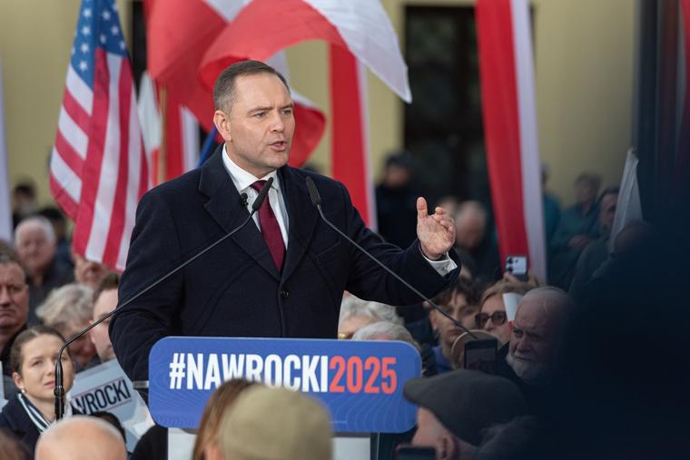Polish president Karol Nawrocki speaks with voters on the campaign trail in Tarnow on March 23, 2025.