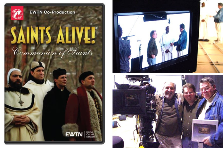 L to R: ‘Saints Alive!’ cover; Richard and Stephen Payne are shown on set; Stephen is in the center, at bottom right.
