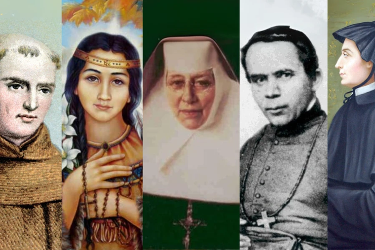 From left to right: St. Junípero Serra, St. Kateri Tekakwitha, St. Katharine Drexel, St. John Neumann, St. Elizabeth Ann Seton.