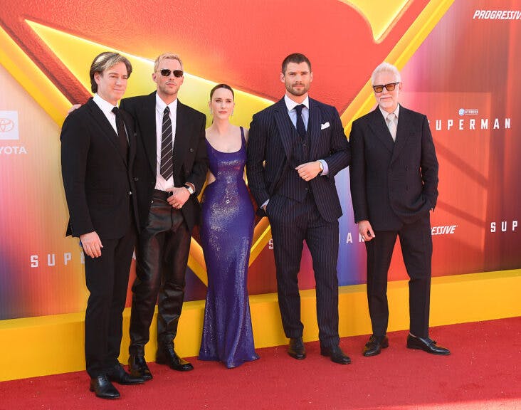HOLLYWOOD, CALIFORNIA - JULY 07: Peter Safran, Nicholas Hoult, Rachel Brosnahan, David Corenswet and James Gunn, Co-Chairman & CEO, DC Studios arrives at the Los Angeles Premiere Of Warner Bros. "Superman" at TCL Chinese Theatre on July 07, 2025 in Hollywood, California. (Photo by Steve Granitz/FilmMagic)