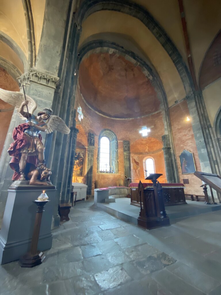 A statue of St. Michael sits in the Sacra di San Michele, Italy, July 2025. Credit: Emma Silvestri
