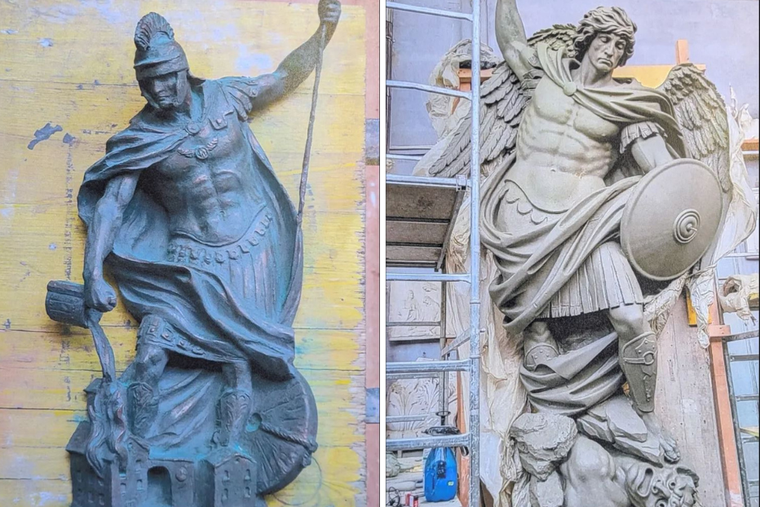 (L-R) Statues of St. Florian and St. Michael are planned for the 120,000-square-foot public safety building of Quincy, Mass., set to open this year.