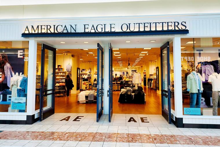 An American Eagle Outfitters store is seen in a shopping mall in Manassas, Virginia, on Feb. 13, 2024. A recent ad campaign by the retailer featuring actress Sydney Sweeney drew online attention for its wordplay on “jeans” and “genes.”