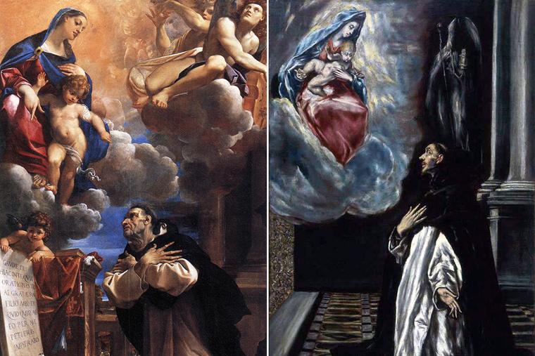 “The Apparition of the Blessed Virgin St. Hyacinth” is depicted by two contemporaries: Ludovico Carracci (1555-1619), left, in a 1594 painting held by the Louvre, and El Greco (1541-1614), in a painting from the Memorial Art Gallery in Rochester, New York.