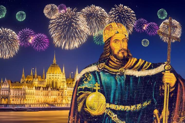 An image of St. Stephen of Hungary appears with the Hungarian Parliament Building in Budapest and fireworks in the sky above.