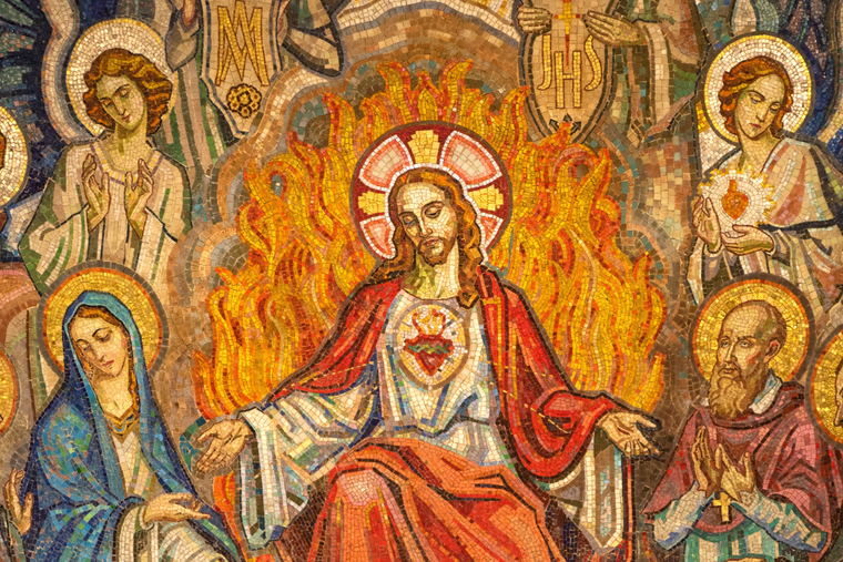 Detail of mosaic showing the Sacred Heart, the Blessed Mother and St. Francis de Sales in  the Chapel of St. Claude de la Colombière in Paray-le-Monial, France