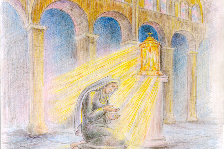 Color-pencil image of St. Monica catching tears in her hands and giving them to God inspires many.