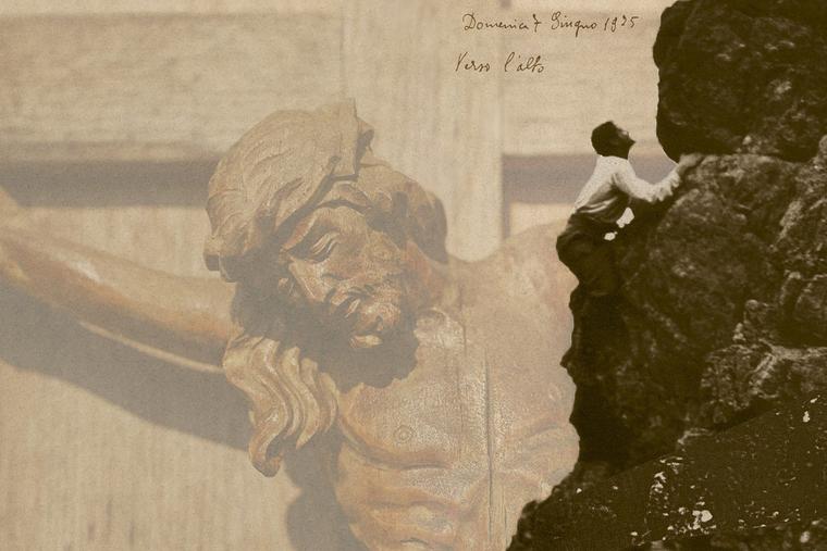 St. Pier Giorgio Frassati scales a mountain in 1925, with a photo of a crucifix in the background; the phrase “Verso l’alto” was inscribed on the original photo by the saint himself.