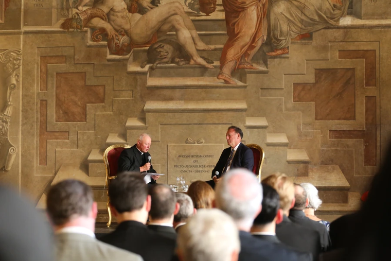 Judge Samuel A. Alito Jr., shares his perspective on how a legal system can provide for mercy during a conversation with Msgr. Laurence Spiteri (left) at the Vatican's judicial headquarters on Sept. 20, 2025.