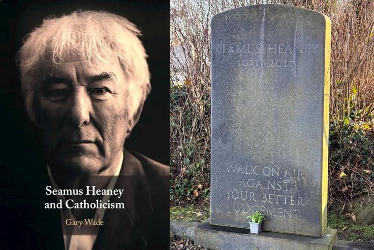 Left: Book cover of ‘Seamus Heaney and Catholicism’ by Gary Wade. Right: Seamus Heaney’s grave is seen at St. Marys Catholic Church in Bellaghy, County Derry, Ireland.