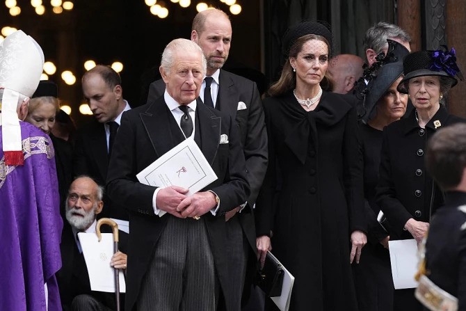 Britain’s King Charles III stands with Britain’s Princess Michael of Kent (left); Britain’s Prince Michael of Kent (second left); Britain’s Lord Frederick Windsor; Britain’s Prince William, Prince of Wales; Britain’s Catherine, Princess of Wales; Britain’s Sophie, Duchess of Edinburgh; and Britain’s Princess Anne, Princess Royal, following a Requiem Mass for the late Katharine, Duchess of Kent, at Westminster Cathedral in London on Sept. 16, 2025.