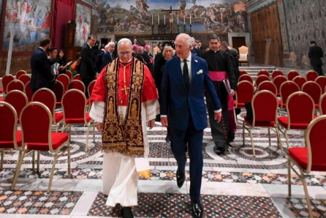 Pope Leo XIV and King Charles III walk together in the Sistine Chapel during a historic meeting that included a prayer service at the Vatican, Thursday, Oct. 23, 2025. | Credit: Vatican Media