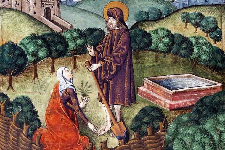 Unknown, “Christ Appearing to Mary Magdalene as a Gardener,” Vaux Passional, ca. 1503-1504, National Library of Wales, Aberystwyth