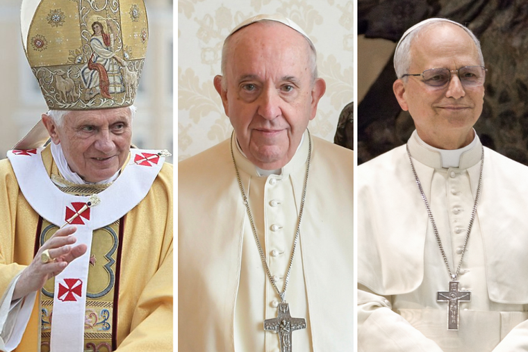 Pope Benedict XVI, Pope Francis, and Pope Leo XIV.