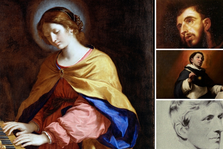 L: St. Cecilia, the patron saint of music; at right, top to bottom: St. Francis of Assisi, St. Thomas Aquinas and St. John Henry Newman