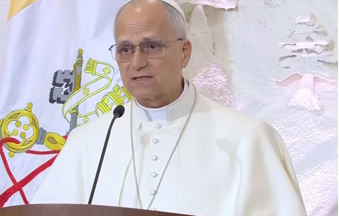 Pope Leo XIV speaks at the Presidential Palace in Baabda, Lebanon, on Nov. 30, 2025.