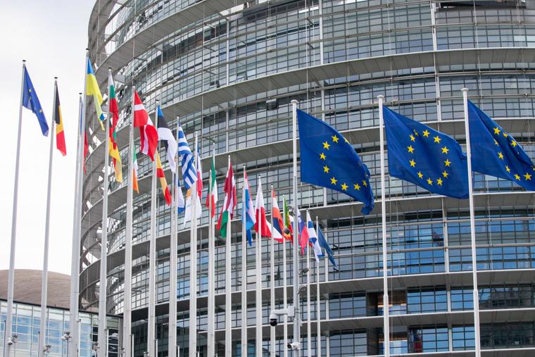 EU Flag and 27 members of European countries at the front door of the European Parliament building.