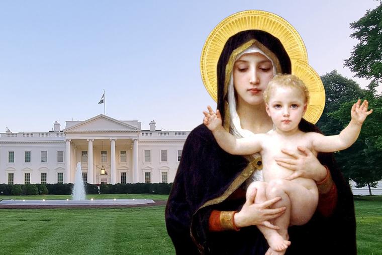 Background: The White House in Washington, D.C. Foreground: William-Adolphe Bouguereau, “The Virgin of the Lilies,” 1899.