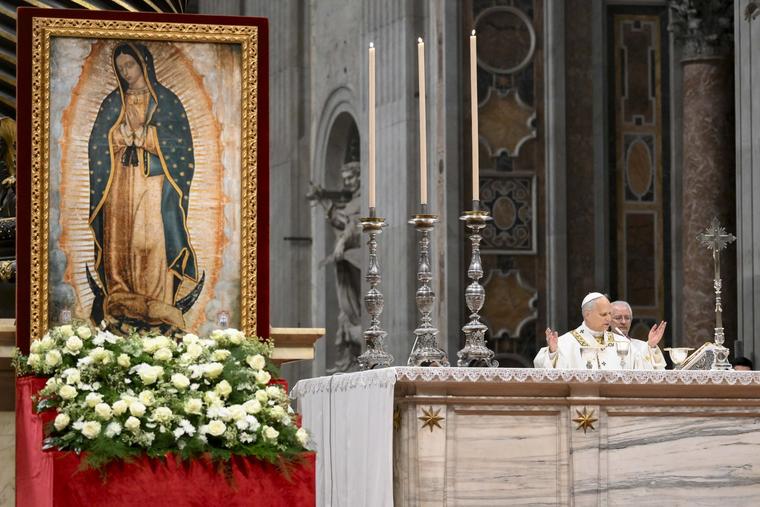 Pope Leo XIV honors Our Lady of Guadalupe during the Mass on her feast day, Dec. 12, 2025, in St. Peter’s Basilica at the Vatican.
