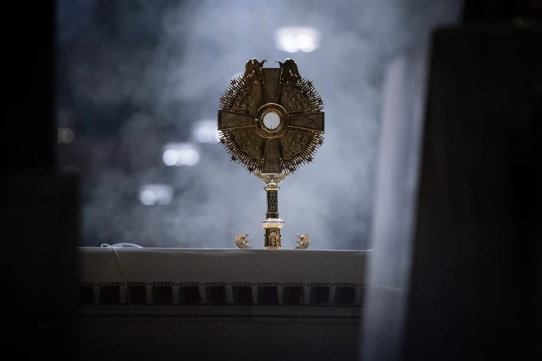 The Eucharist is displayed in a monstrance in St. Patrick’s Cathedral in New York City before a Eucharistic procession on Oct. 15, 2024.