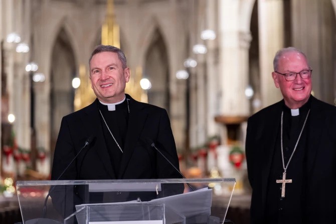 New York Archbishop-elect Ronald Hicks and Cardinal Timothy Dolan hold a press conference at St. Patrick’s Cathedral on Dec. 18, 2025, in New York City.