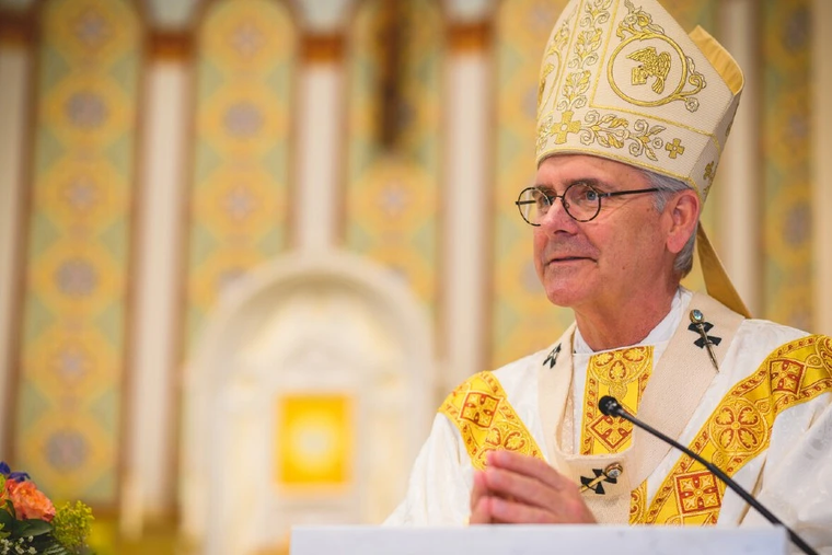 Archbishop Paul S. Coakley preaches during a Mass in the Oklahoma City cathedral in 2021.