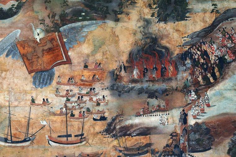 Depiction of the execution of Blessed Leonardo Kimura and four fellow Christians in Nagasaki on Nov. 18, 1619: Andreas Murayama Tokuan (Japan), Cosmas Takeya Sozaburo (Korea), Ioannes Yoshida Shoun (Japan) and Domingos Jorge (Portugal). The work was created in Macao by an anonymous Japanese artist between 1626 and 1632. Kimura and 204 other martyrs were beatified by Pope Pius IX on May 7, 1867 (feast days June 1 and Sept. 10).