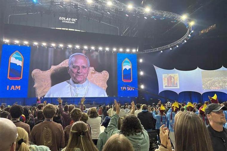 Pope Leo XIV speaks to teenagers during a digital encounter at Lucas Oil Stadium in Indianapolis during the 2025 National Catholic Youth Conference (NCYC) on Nov. 21, 2025.