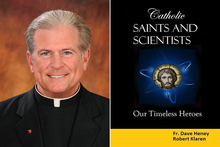 Father Dave Heney and the cover of ‘Catholic Saints and Scientists’