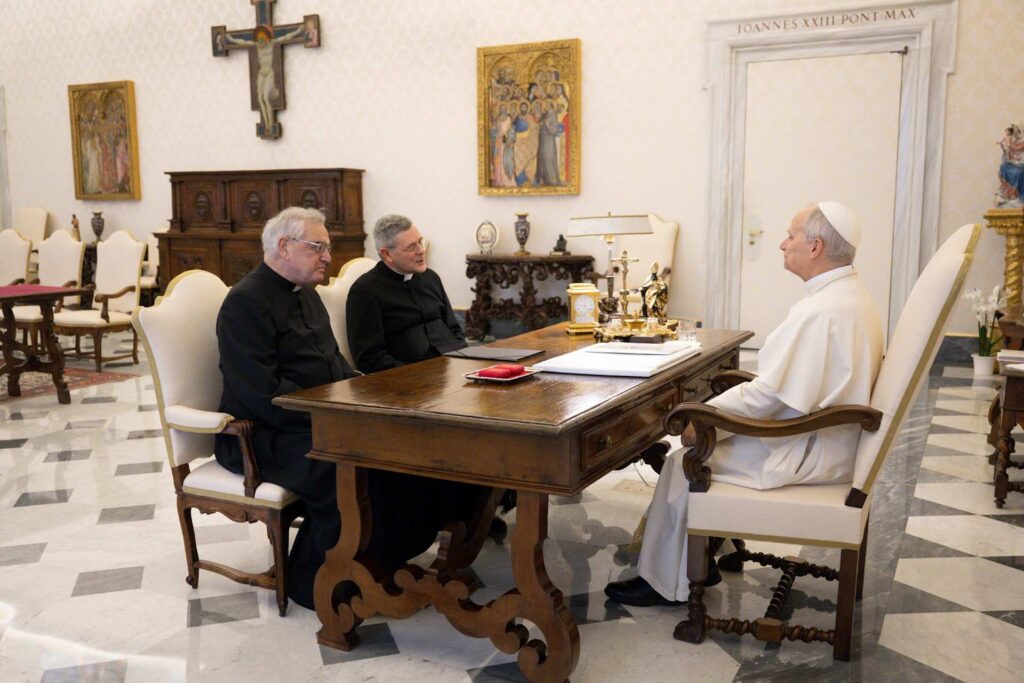 FSSP Superior General Father John Berg and Father Josef Bisig meet with Pope Leo XIV on Jan. 19, 2026, at the Vatican. | Credit: Vatican Media