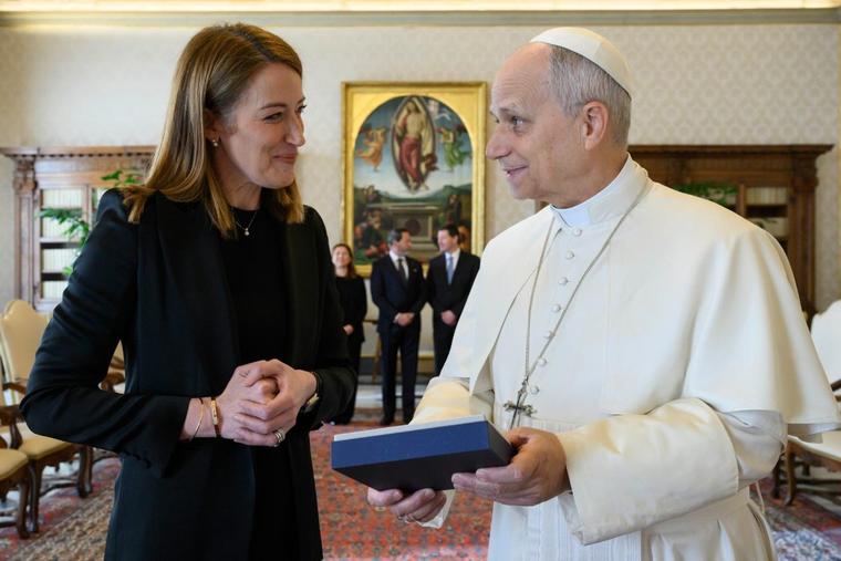 Pope Leo XIV receives the President of European Parliament Roberta Metsola at the Vatican on Jan. 29, 2026.