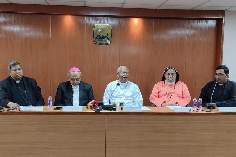Archbishop Andrews Thazhath (third from the left), outgoing president of the Catholic Bishops’ Conference of India (CBCI), addresses a press conference on Feb. 3, 2026, before the start of the general body meeting in Bengaluru, India.